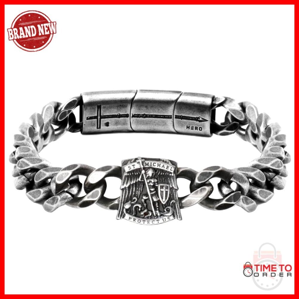 Stainless Steel Saint Michael Cuban Link Bracelet, Large Size, 8-9 Inch Length